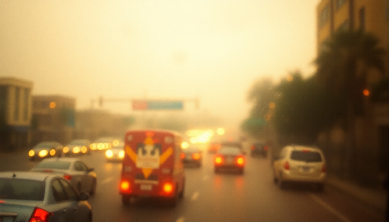 An abstract, out-of-focus photograph in warm, muted tones depicting hazy scenes of everyday life in Los Angeles, including traffic, pedestrians, and urban landscapes, conveying a sense of the city's challenges and complexities.