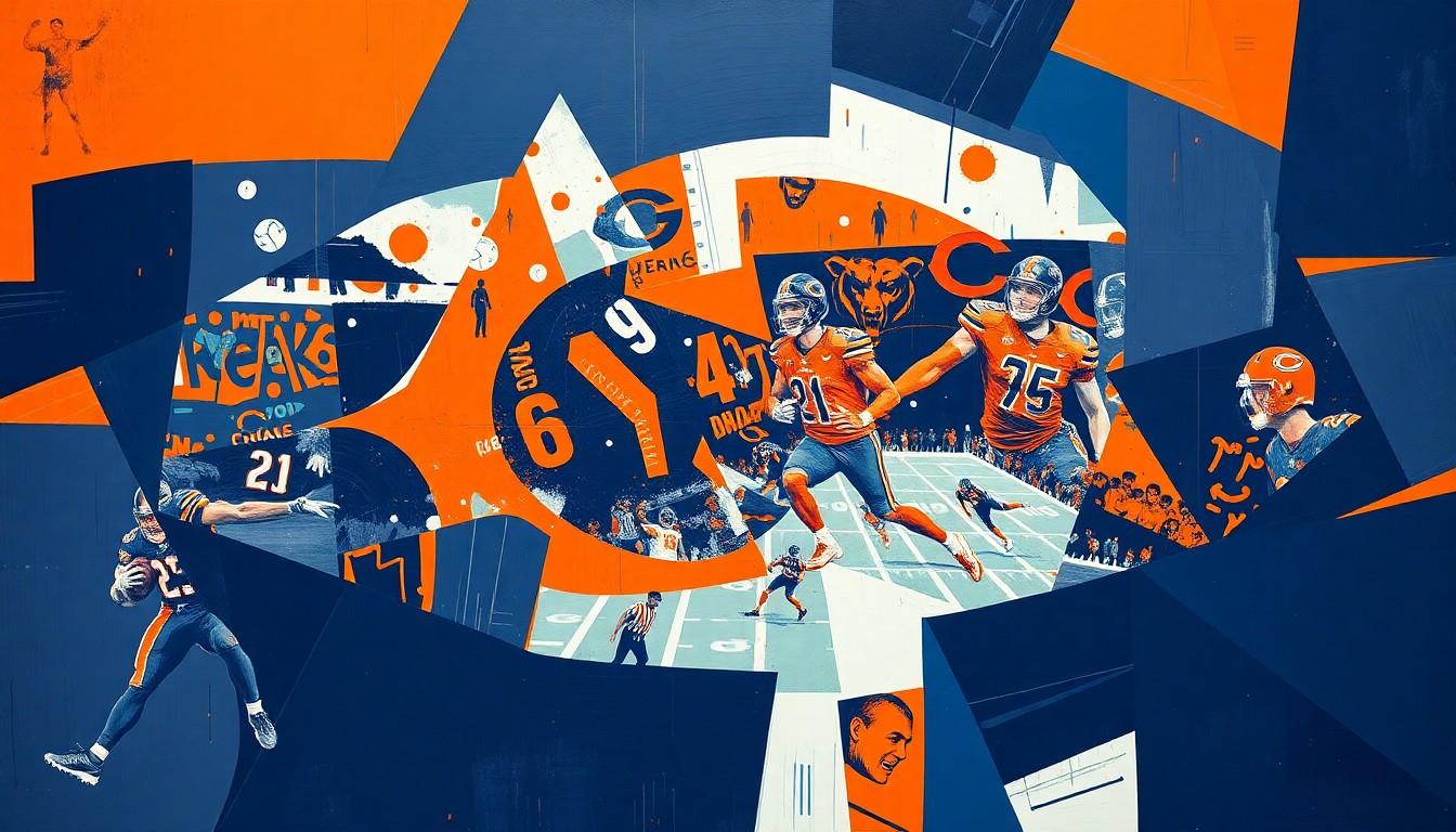 A fragmented, geometric painting depicting a Chicago Bears football game or draft day scene, with sharp planes of navy blue, orange, and white overlapping to create a dynamic, multi-angled composition.