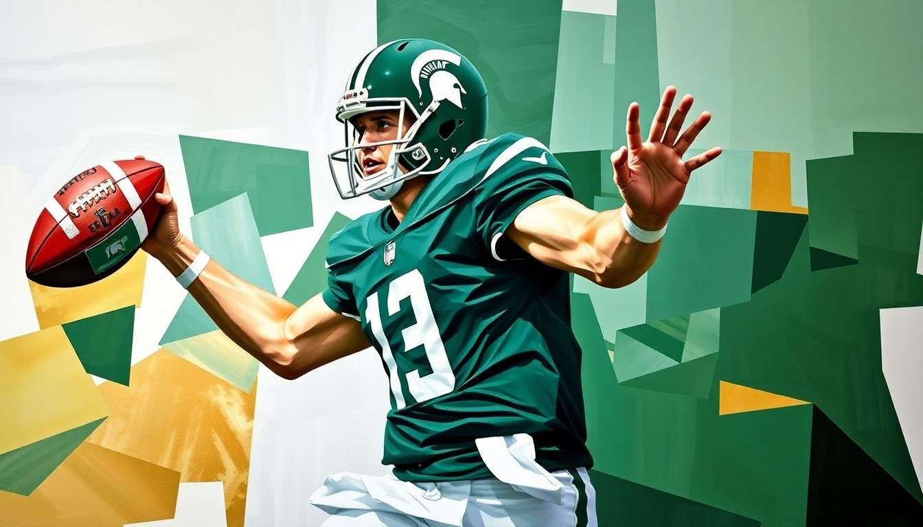 A fragmented, cubist-style painting depicting the motion of a quarterback throwing a football, with the player's form broken down into sharp, overlapping geometric shapes in the team's green, white, and bronze colors.
