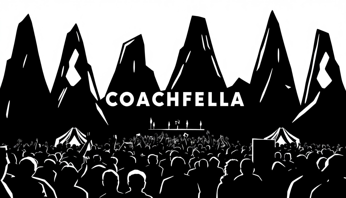 An abstract, minimalist illustration featuring sharp, angular shapes in black and white, conveying the energy and dynamism of a major music festival like Coachella, without any text or identifiable elements.