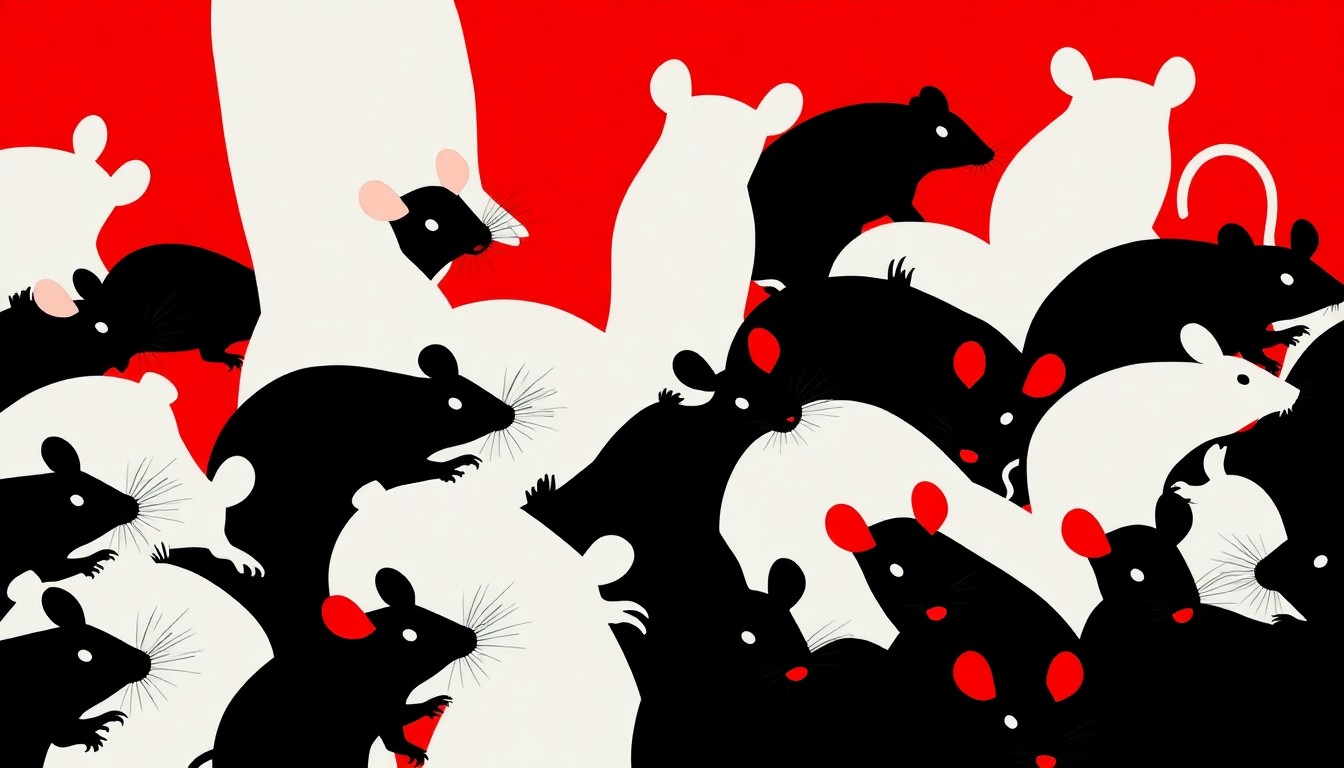 An abstract, minimalist composition of bold, jagged black silhouettes against a stark red and white background, conceptually representing a swarm of rats.