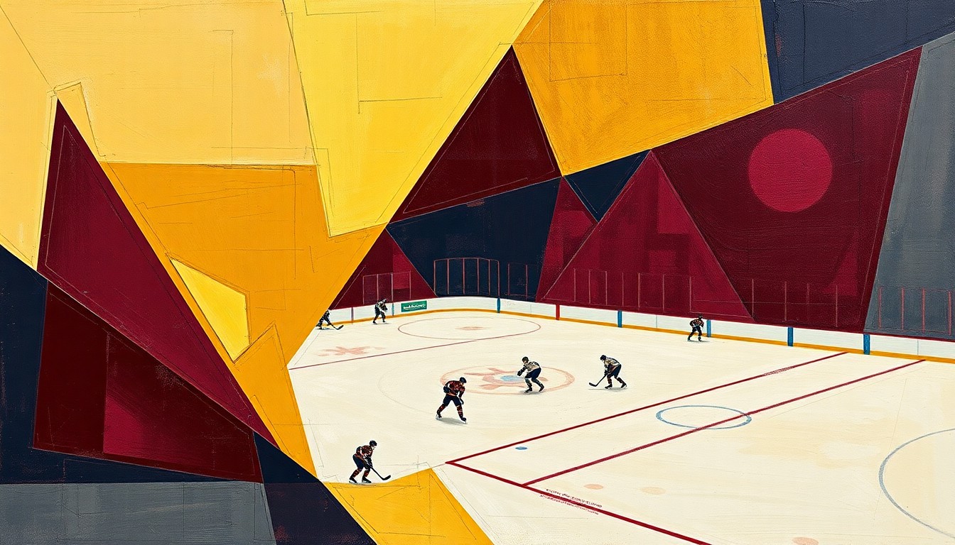 A cubist, geometric painting depicting the chaotic action of a college hockey game, with sharp planes of maroon, gold, and navy blue intersecting to create a dynamic, fragmented visual representation of the sport.