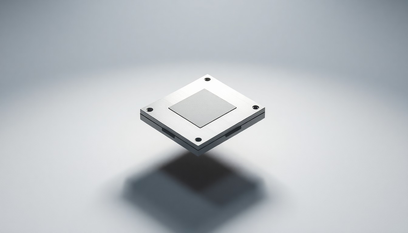A highly detailed, photorealistic studio photograph of a polished metal semiconductor chip or circuit board component floating on a clean, white background, dramatically lit to create sharp shadows and highlight the sleek, premium design.