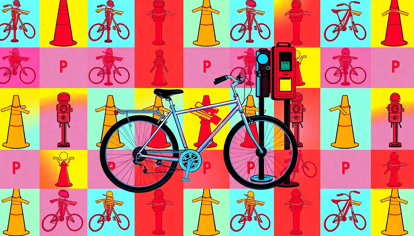 A bold, colorful silkscreen-style illustration featuring a repeating pattern of stylized traffic cones, parking meters, and bicycle symbols in a grid, conceptually representing the urban transportation elements at the center of a neighborhood dispute.