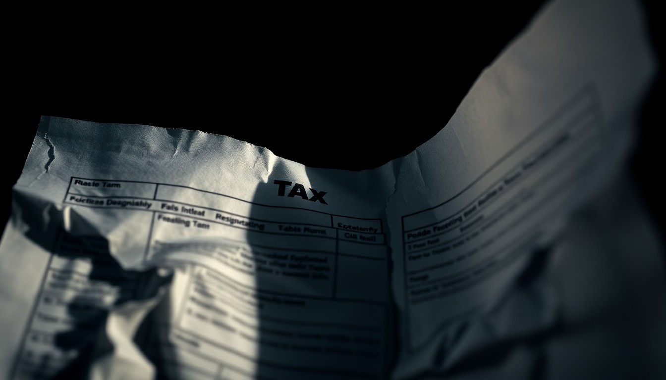 An extreme close-up of a crumpled, torn IRS tax form, conceptually illustrating the harsh consequences of tax fraud.
