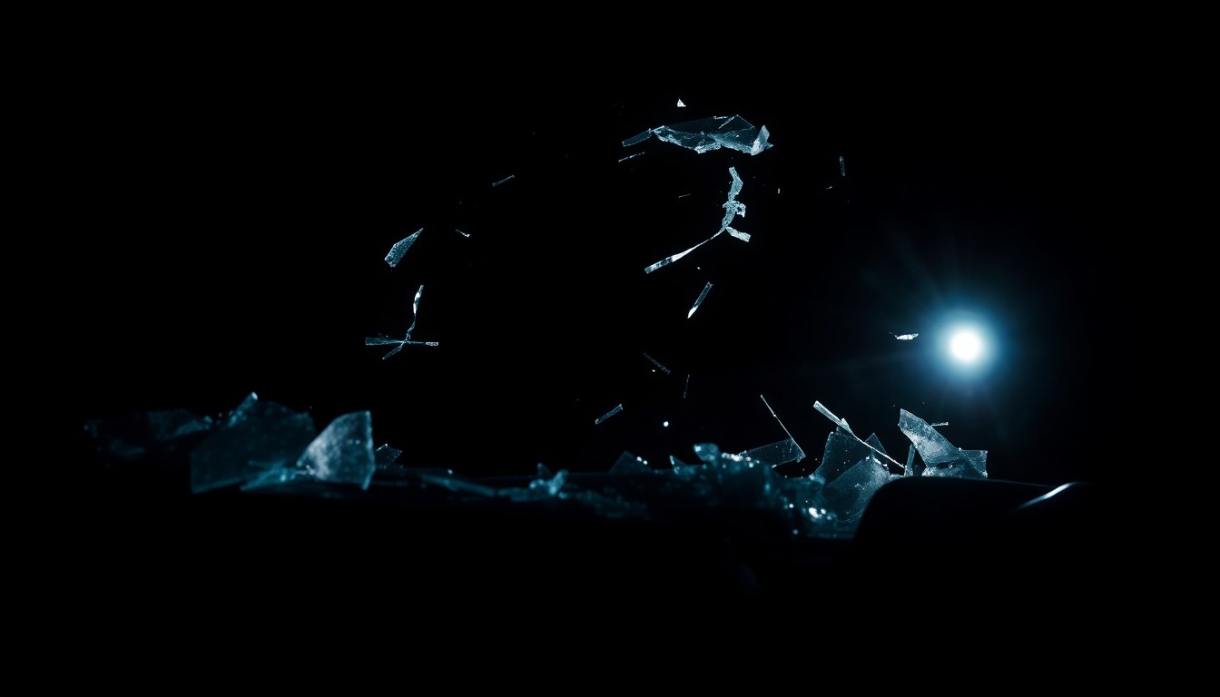 An extreme close-up photograph of a shattered car windshield or crumpled car part, lit by a harsh, direct camera flash against a pitch-black background, conceptually illustrating the gritty aftermath of a fatal traffic accident.