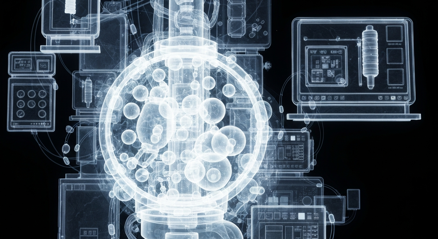 A translucent X-ray photograph revealing the intricate internal structures and connections of various medical devices and pharmaceutical components, symbolizing the advanced technology powering Cosmos Health's operations.