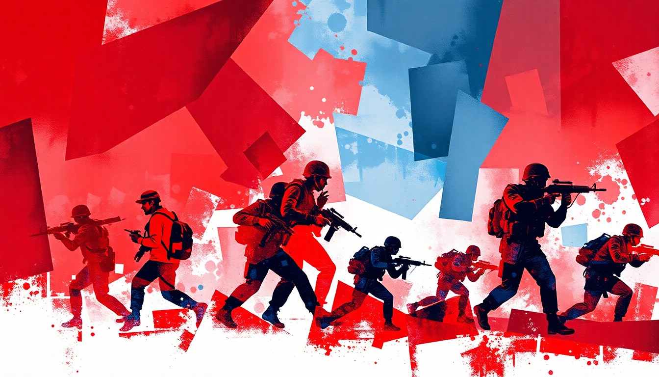 A dynamic, abstract painting in red, white, and blue featuring overlapping, fragmented shapes and silhouettes of soldiers and military equipment, conveying the chaotic and divisive nature of the political debate over the President's war powers.