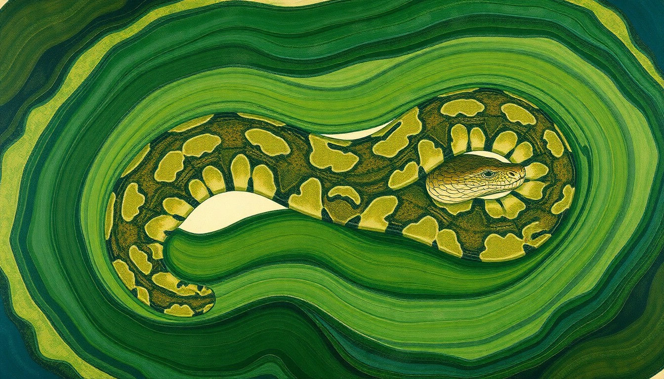 A bold, abstract painting in earthy tones featuring sweeping geometric shapes and precise botanical spirals, conceptually representing the disruptive presence of an invasive Burmese python in the Everglades.