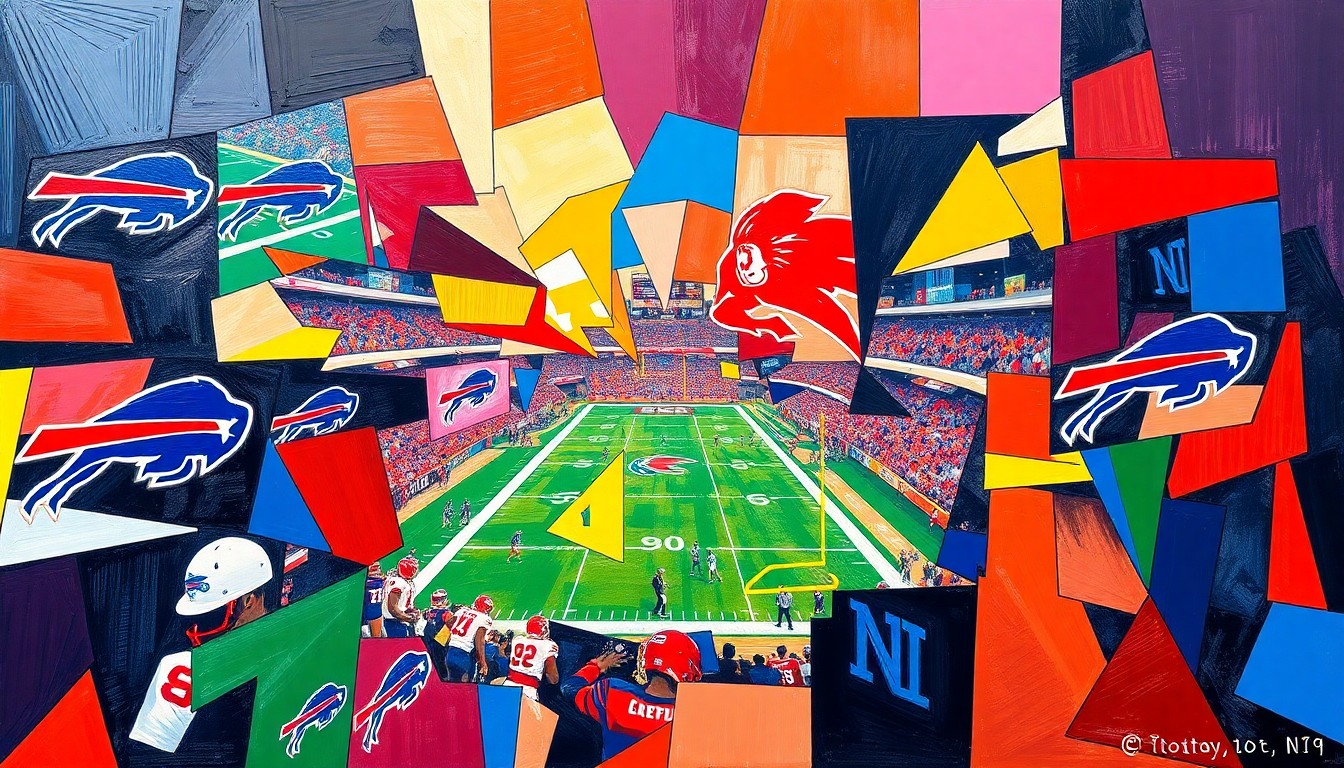 A cubist, geometric painting depicting a fragmented, multi-angled view of a football game or NFL draft scene, using the Buffalo Bills' team colors of blue, red, and white to represent the energy and intensity of their upcoming draft plans.