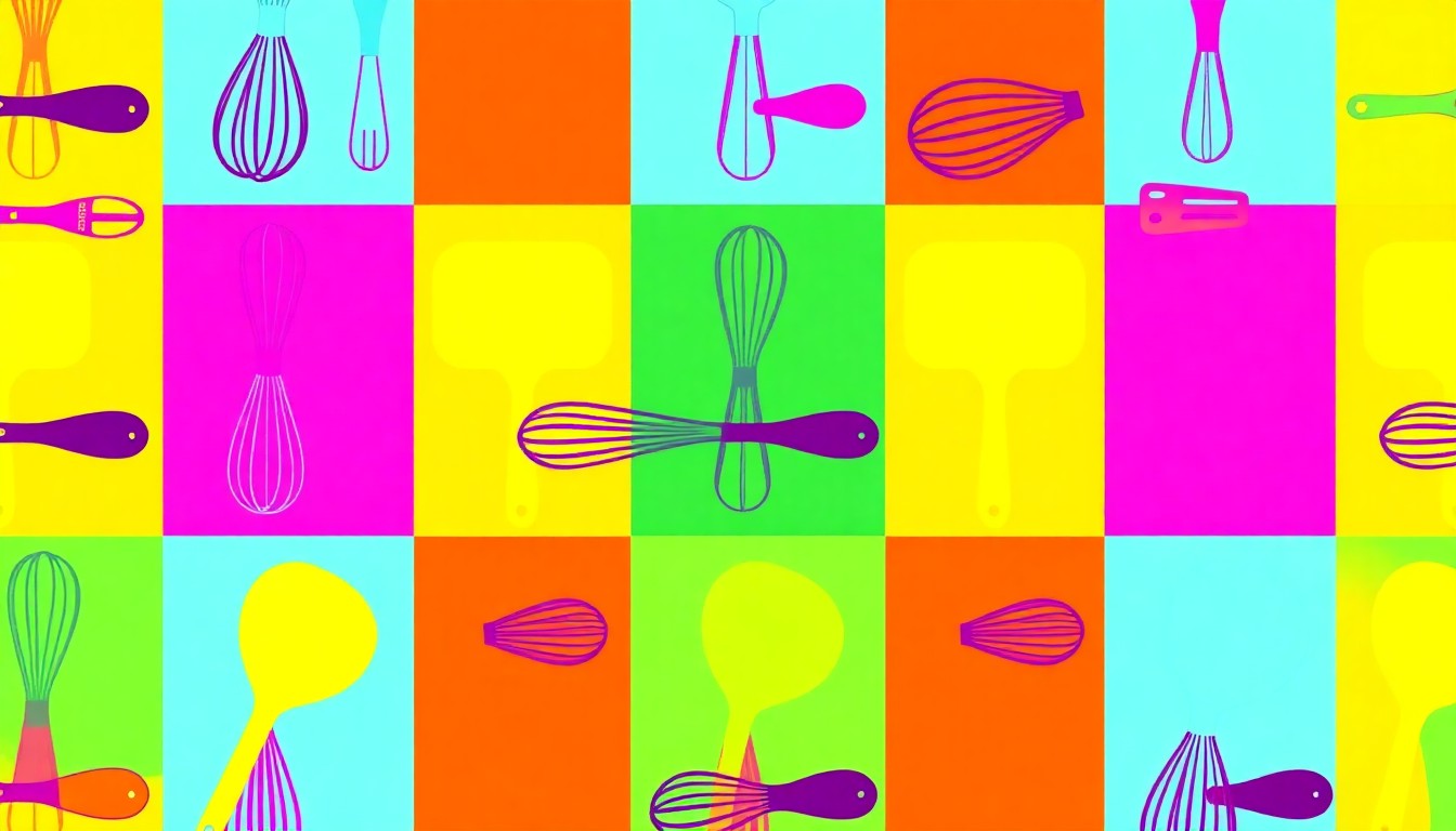 A high-contrast silkscreen print of a chef's whisk repeated in a grid pattern, rendered in bold, neon-like colors that transform the everyday kitchen tool into a modern pop art statement.