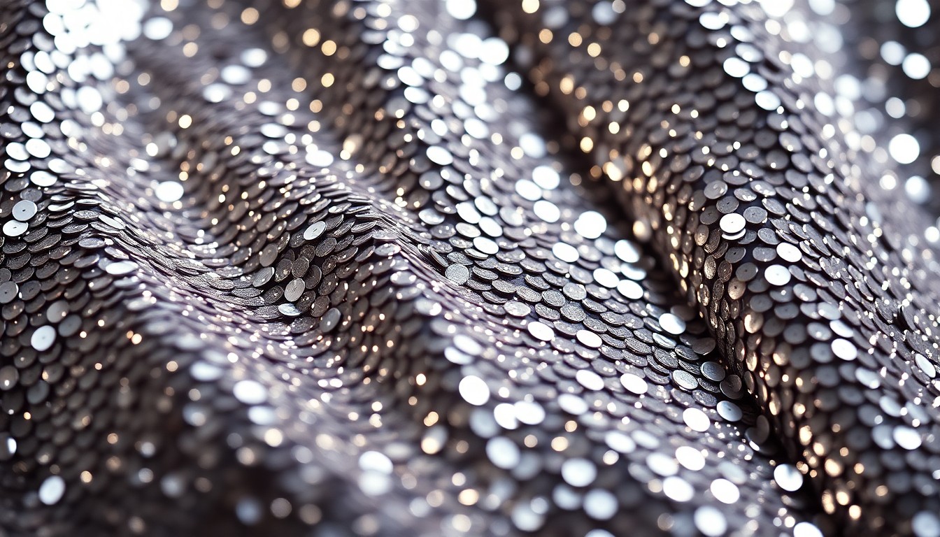 An extreme close-up photograph of shimmering, high-contrast sequins in rich jewel tones, conceptually representing the glamour and prestige of a successful television series.