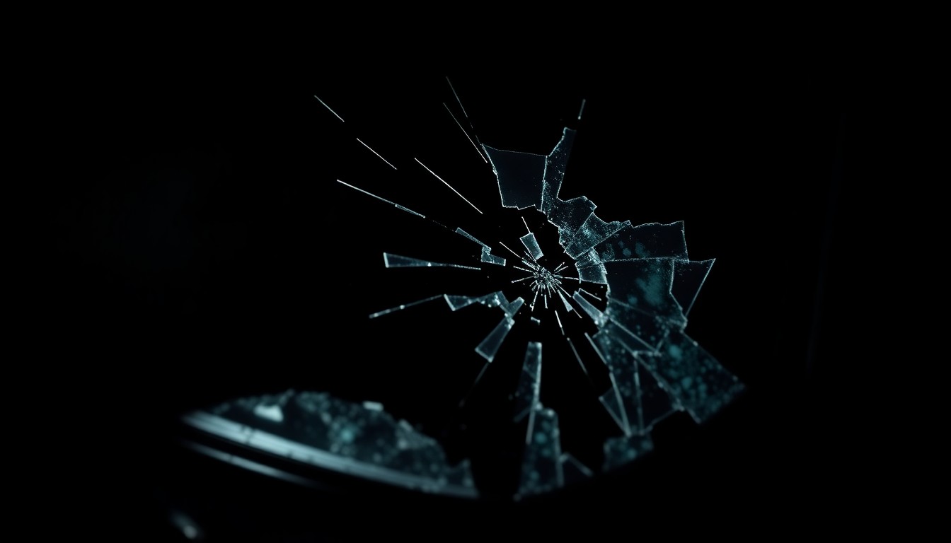 An extreme close-up photograph of a shattered car window or damaged car part, capturing the stark, gritty aftermath of a high-speed chase and crash in Chicago.