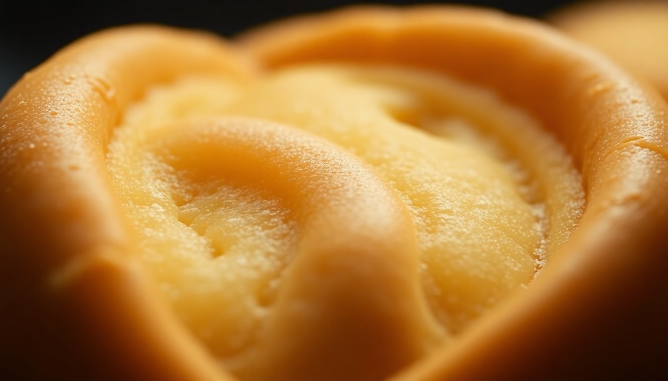 An extreme close-up photograph of the glossy, buttery texture of a Yoku Moku rolled cookie, captured in dramatic high-contrast studio lighting to highlight the luxurious, high-end aesthetic of the Japanese confectionery brand.