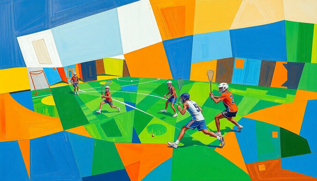 A dynamic, cubist-style painting depicting a lacrosse game in motion, with players and the ball fragmented into overlapping geometric shapes in shades of blue, green, and orange.