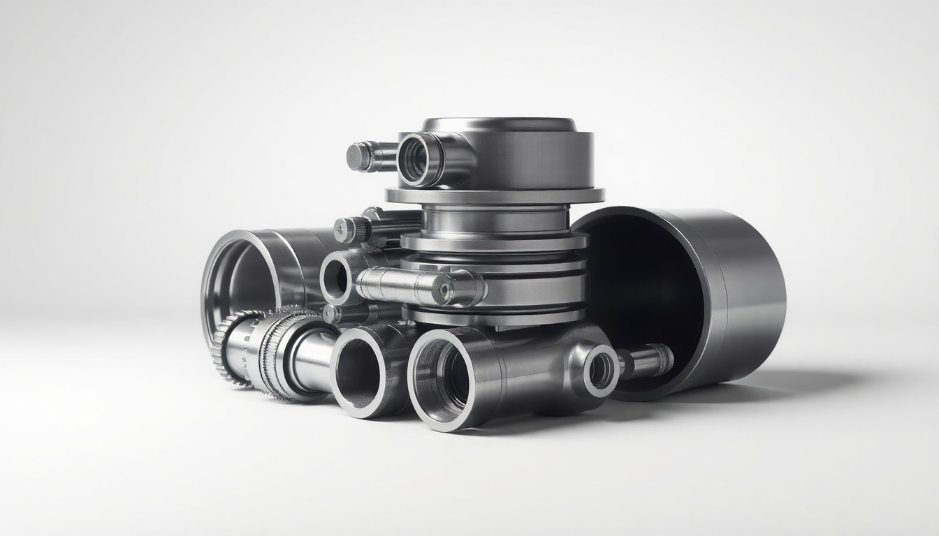 A photorealistic studio still life featuring a stack of polished metal aerospace components in shades of silver and steel, arranged elegantly on a clean, monochromatic background and dramatically lit to convey the precision and technical expertise of Heico's engineering.