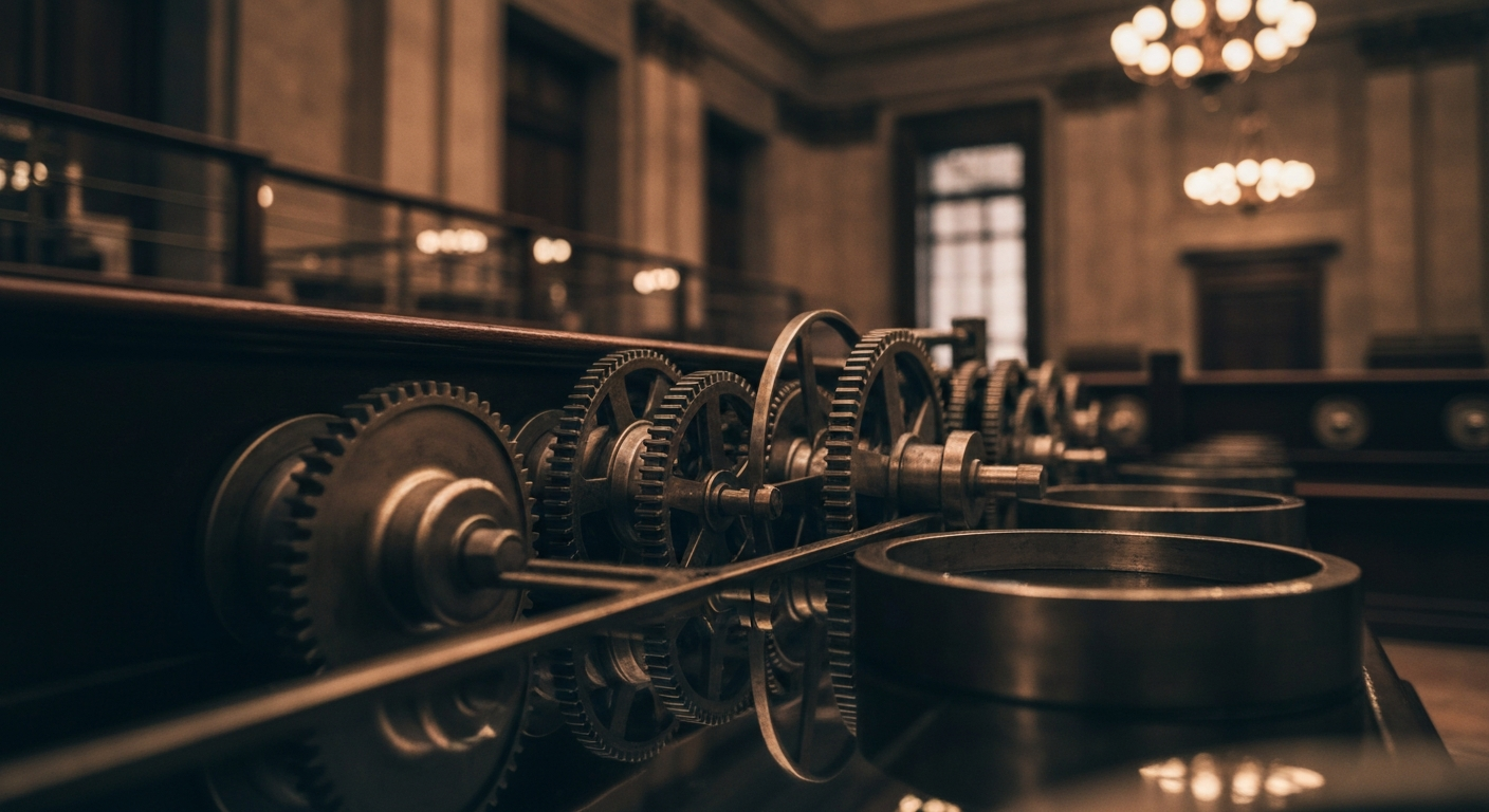 An extreme close-up of intricate, industrial-looking metal gears and machinery, conveying a sense of the complex financial systems underlying the travel and hospitality industry.