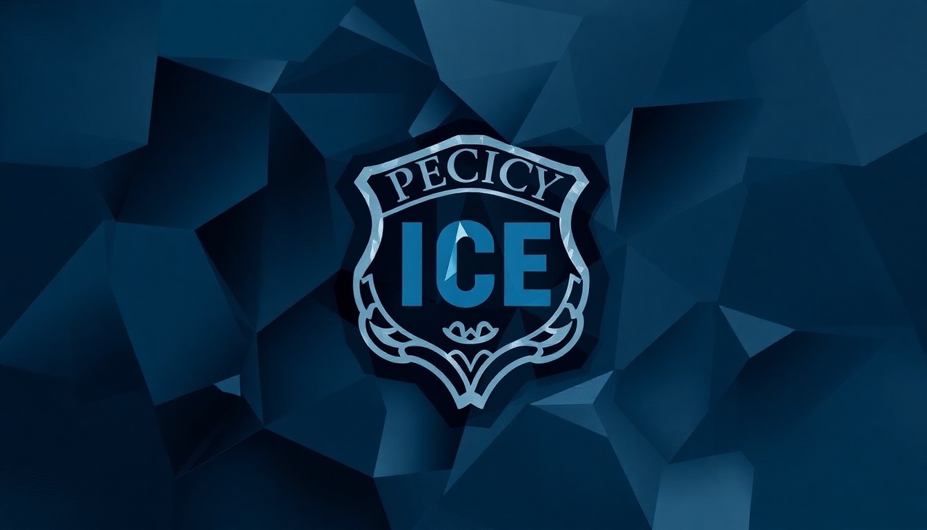 A fragmented, abstract painting of an ICE emblem or badge, with overlapping geometric shapes and waves of dark, muted colors conveying a sense of disruption and resistance.