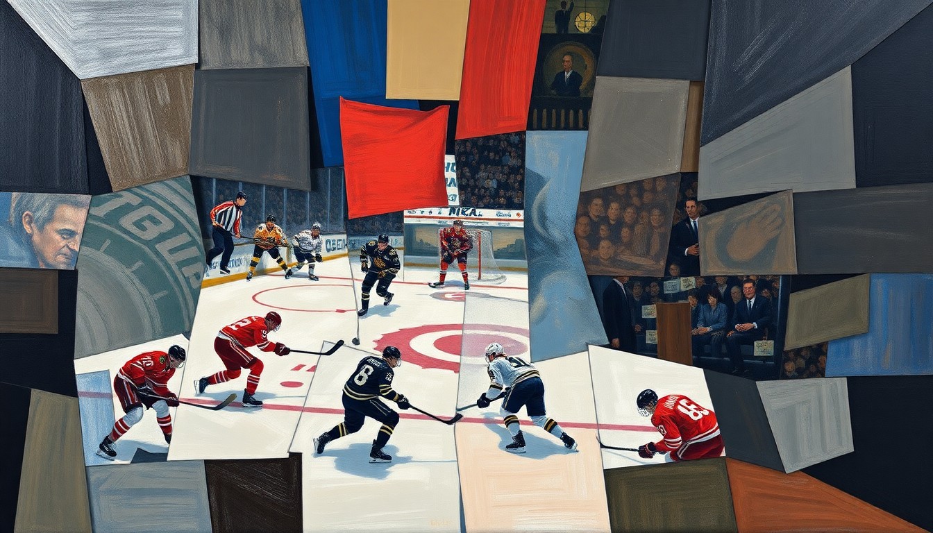 A fragmented, cubist-style painting depicting a hockey match, with the players and action broken down into sharp, overlapping geometric shapes and planes in a vibrant color palette, capturing the energy and intensity of the game.