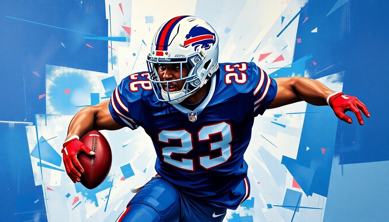 A fragmented, geometric painting in the style of Pablo Picasso depicting a football cornerback in motion, with sharp planes of navy blue, red, and white representing the Buffalo Bills' team colors.