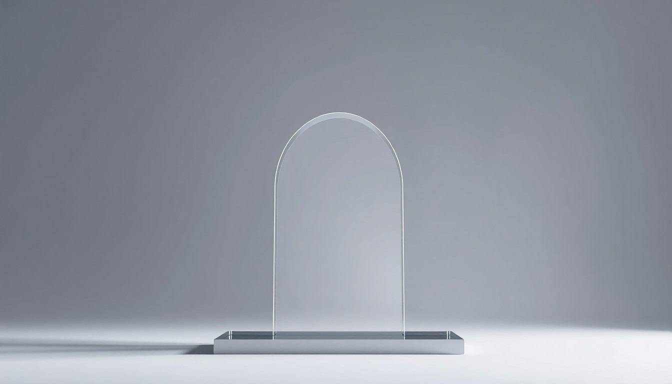 A photorealistic studio still-life photograph featuring a polished, geometric glass model of the nine-story archway of the Providence Towers office building, floating on a clean, monochromatic background and dramatically lit to symbolize the corporate strategy and market forces behind the property's sale.