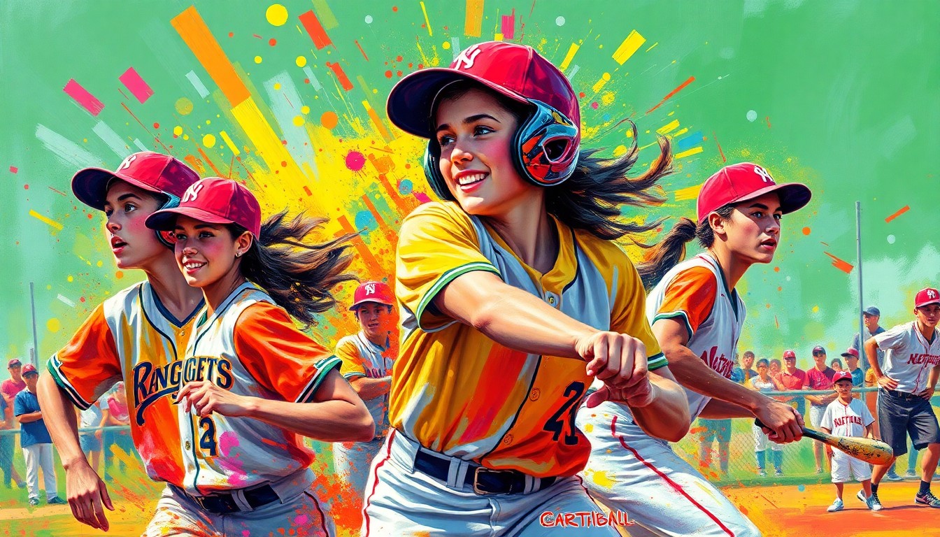 An abstract, expressionist painting in neon colors capturing the raw energy and motion of a high school softball game, with players' forms dissolving into unrecognizable splatters of paint.