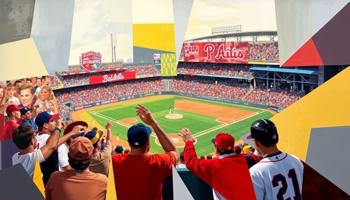 A cubist-style painting featuring fragmented, overlapping geometric shapes in the Braves' navy blue and red colors, as well as the Phillies' red and white, conceptually representing the energy and excitement of a baseball celebration.