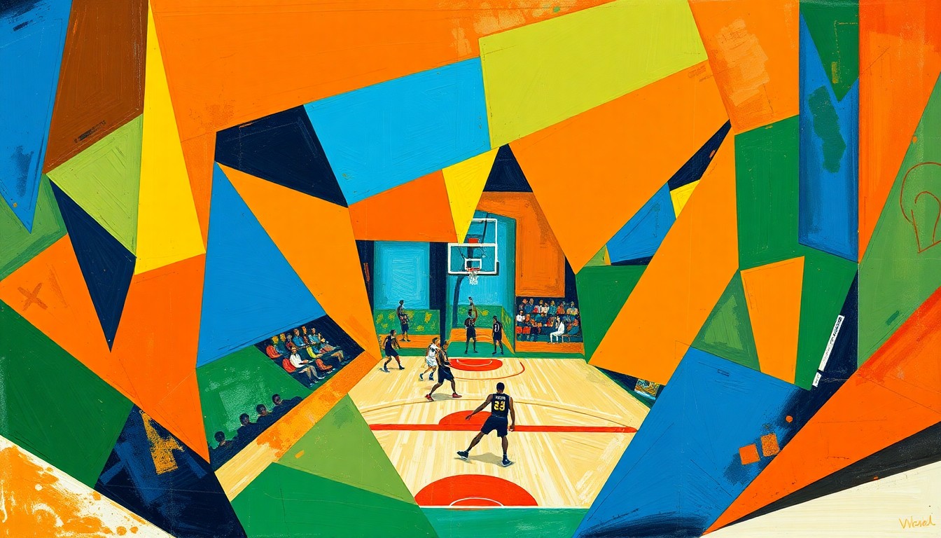 A cubist-style painting featuring fragmented, overlapping geometric shapes in bright orange, blue, and green hues, conveying the chaotic nature of illegal sports betting.