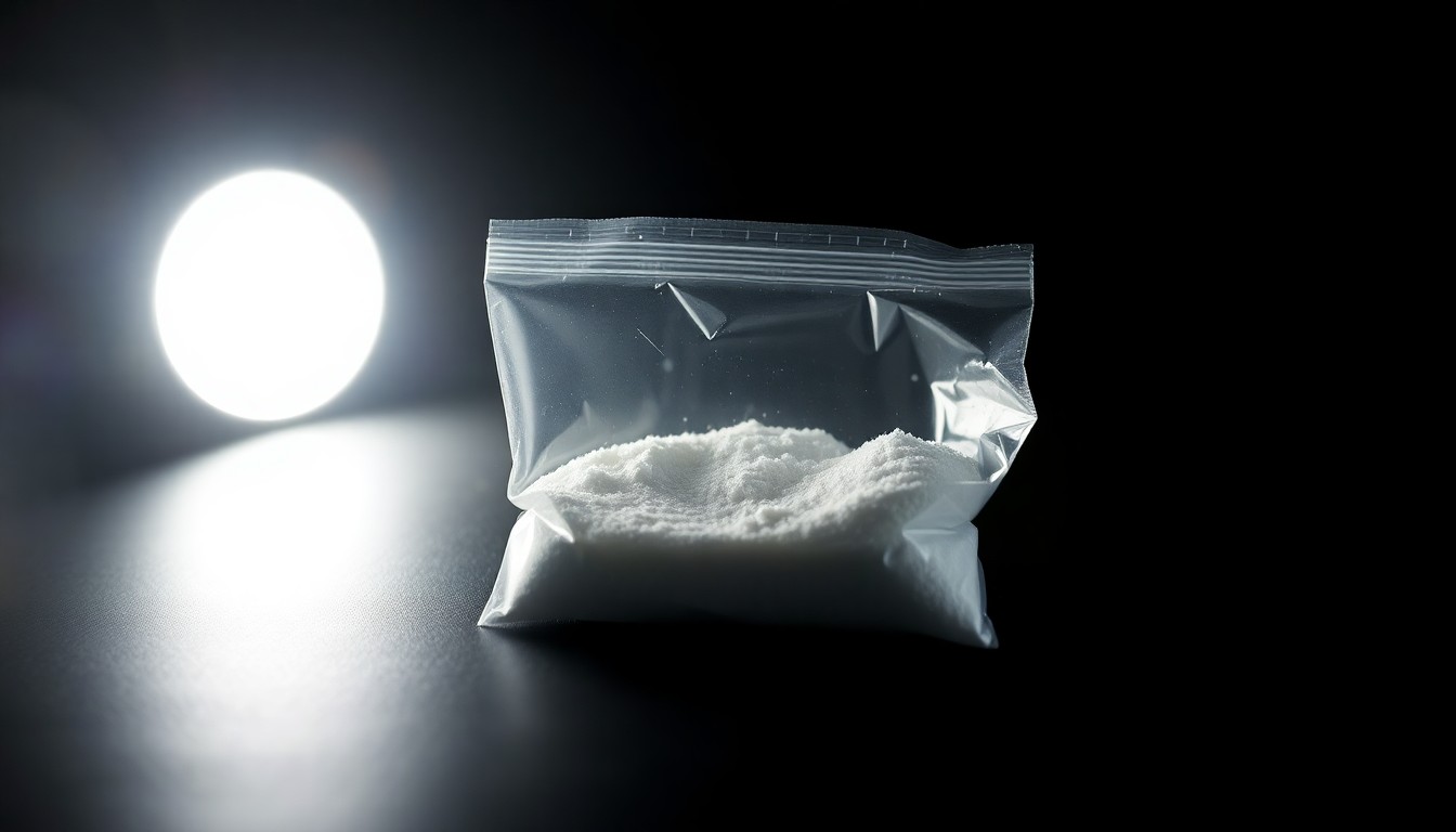 An extreme close-up photograph of a small plastic bag filled with white powder, lit by a harsh, direct camera flash against a pitch-black background, conceptually representing the seized illegal drugs.