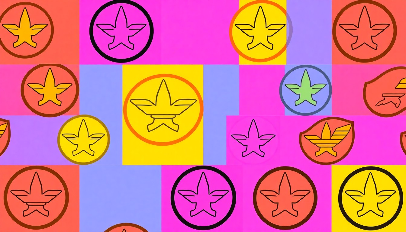 A grid of brightly colored, high-contrast silkscreen prints of a military service member's uniform patch, conceptually representing the community's recognition of local heroes.