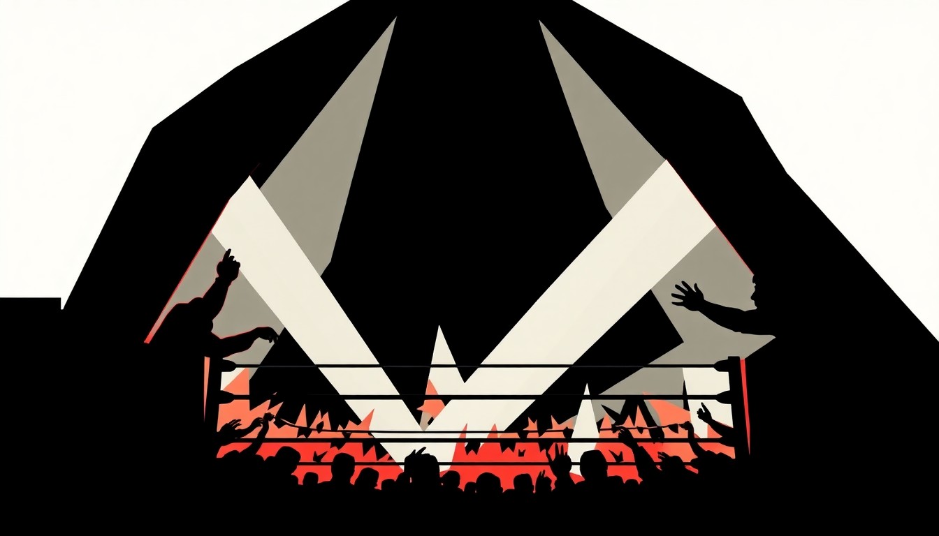 A bold, abstract composition of jagged, geometric shapes in red and white, creating a dynamic, high-contrast visual representation of the excitement and energy of a professional wrestling event.