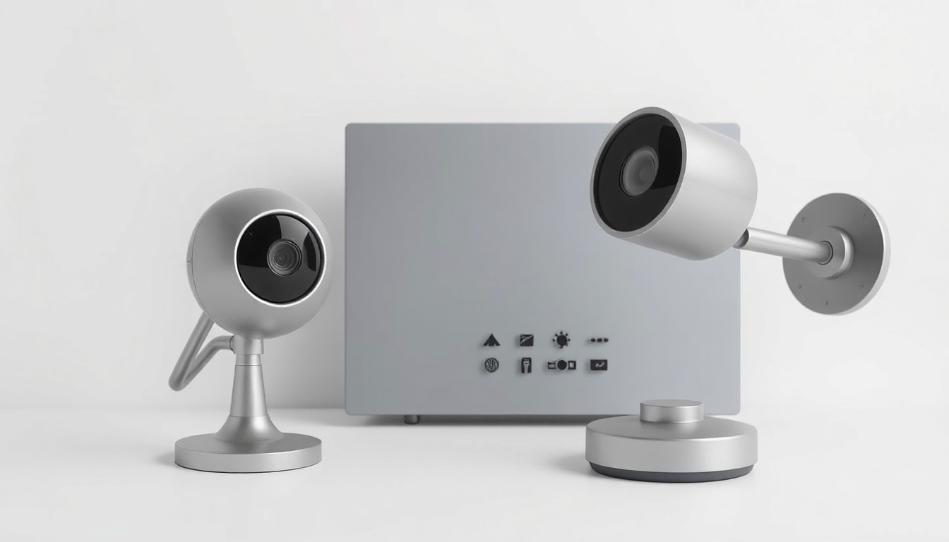 A minimalist, photorealistic studio still life featuring a modern home security camera and control panel in muted shades of grey and silver, arranged elegantly against a clean, white background to conceptually represent ADT's focus on smart home technology and premium security solutions.