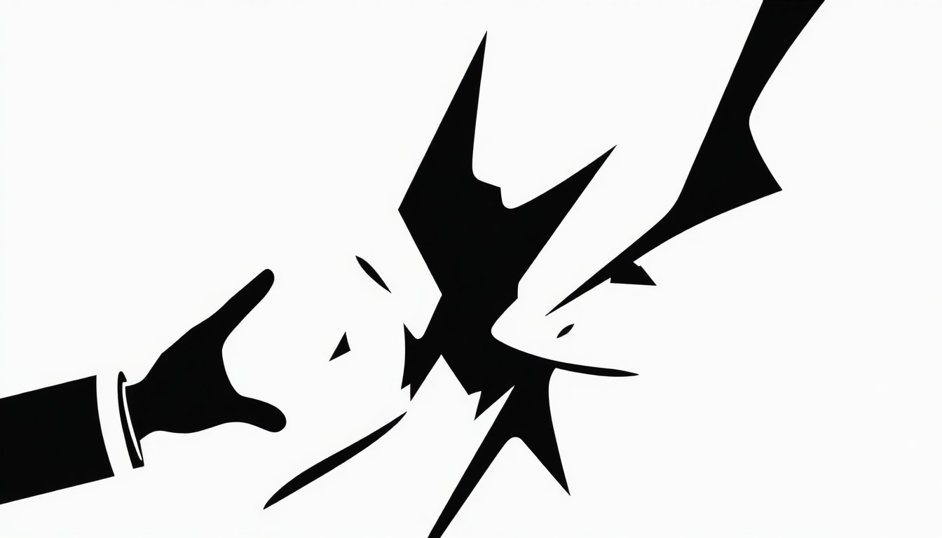 An abstract composition of bold, jagged black and white shapes representing the clash between celebrity culture and political ambition.