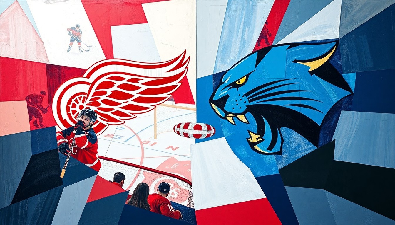 A cubist, geometric painting breaking down a hockey game into overlapping planes of red, white, blue, red, blue, and gold, representing the competing teams and the fractured nature of the Red Wings' disappointing season.