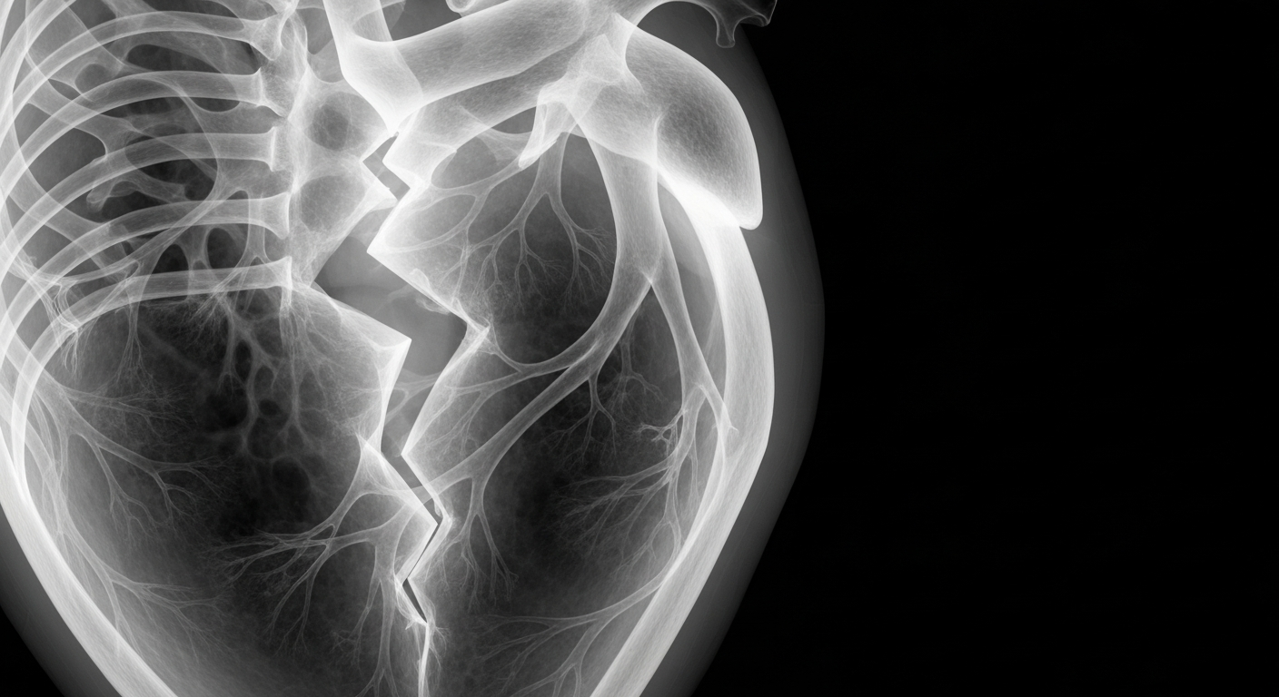 A ghostly, translucent X-ray photograph revealing the intricate internal structure of a broken heart, symbolizing the complexities of grief and the need for compassionate care.