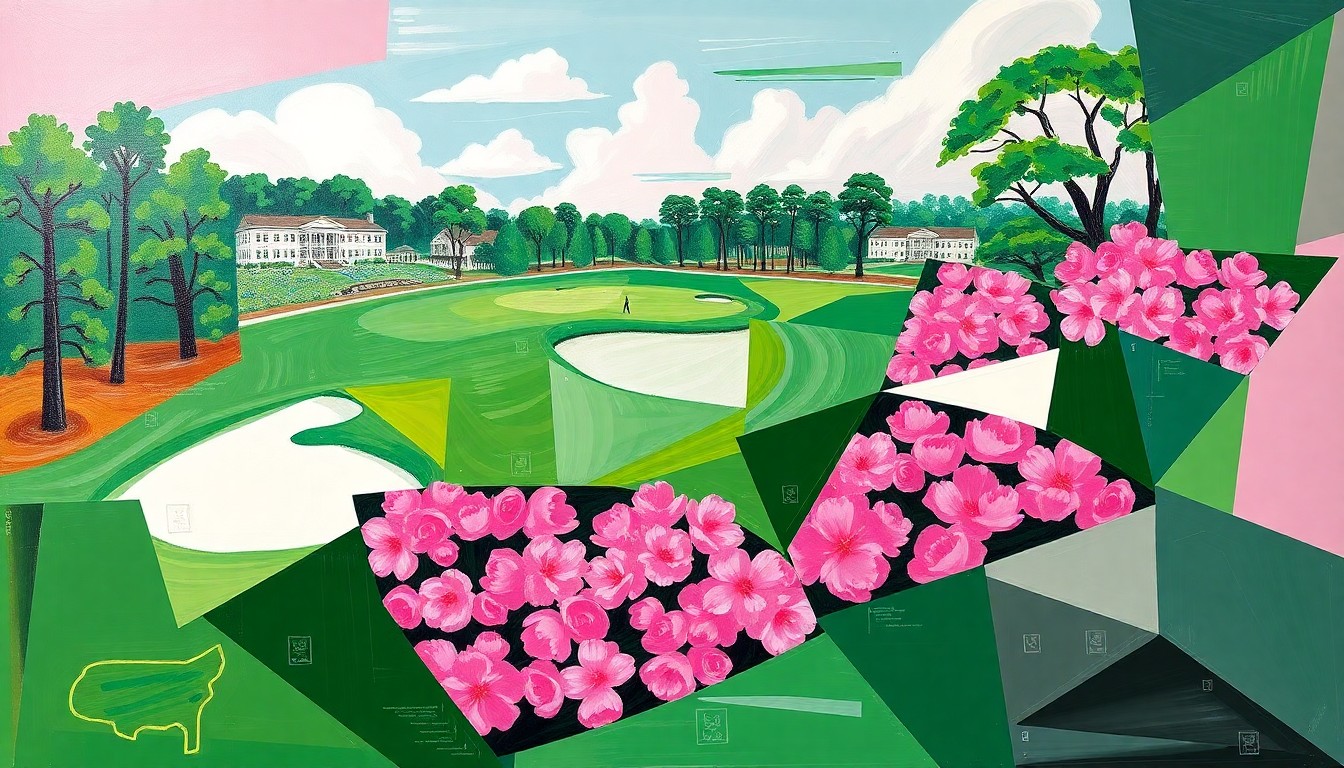A cubist, geometric painting depicting a fragmented golf scene with overlapping planes of color, conceptually representing the storied traditions and personal preferences surrounding the Masters Champions Dinner.