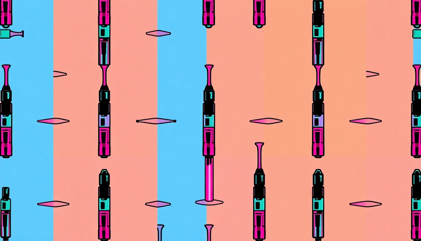 A high-contrast silkscreen print of a cosmetic syringe repeated in a grid pattern, rendered in a bold, neon color palette that transforms the everyday medical object into a striking piece of pop art.