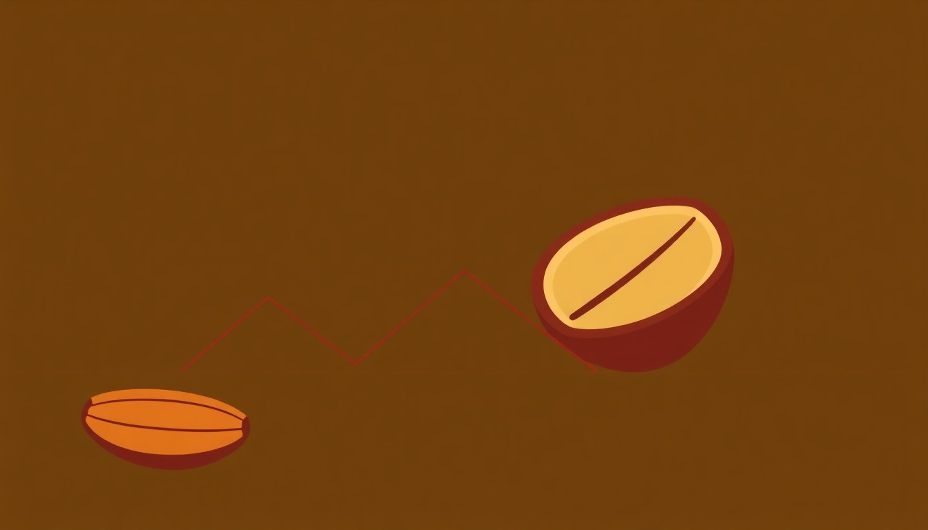 A geometric abstract illustration using bold shapes and primary colors to conceptually represent the decline in global cocoa demand and its impact on prices.