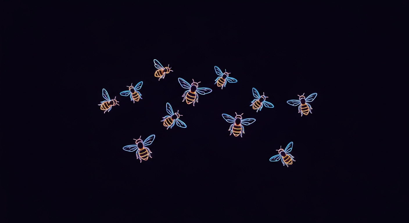 A glowing neon outline illustration of a swarm of bees in flight, with the bees' shapes defined by vibrant, pulsing lines against a dark background, conceptually representing the need for caution and safety when encountering a bee swarm.