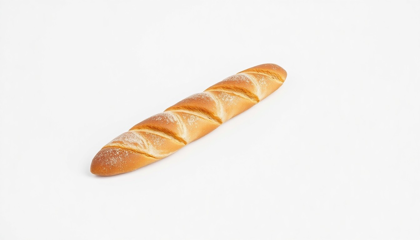 A single, elegant French baguette resting on a clean, monochromatic background, using dramatic lighting and shadows to represent the fleeting nature of the bakery's brief existence.