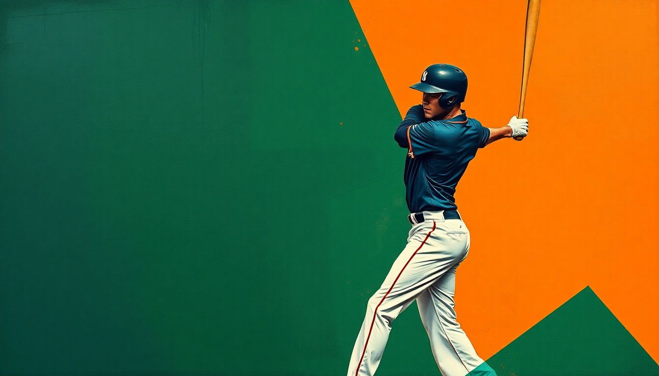A fractured, cubist-style painting depicting the dynamic motion of a baseball player's batting stance, with sharp geometric shapes in navy, green, and orange conveying the energy and athleticism of the sport.