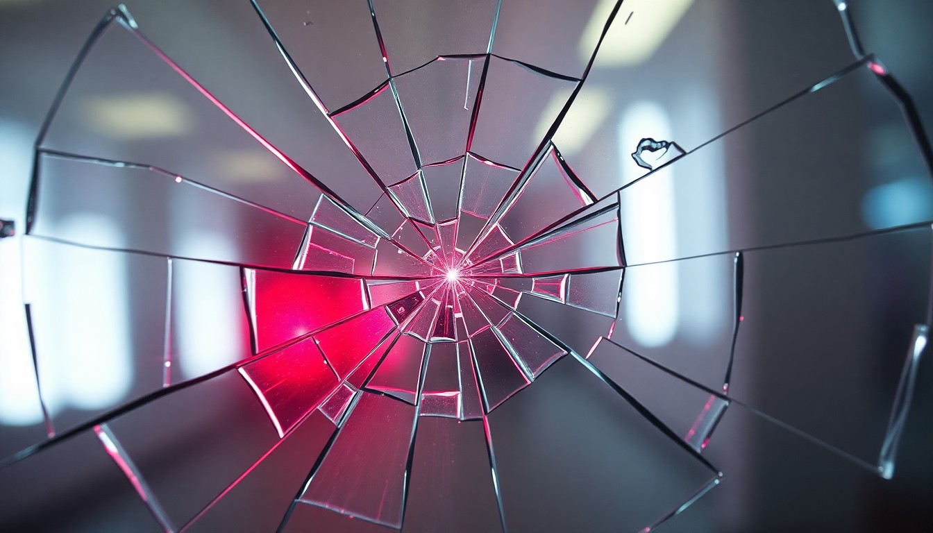 An extreme close-up of shattered glass reflecting a faint red light, conveying a sense of disruption and disorientation.