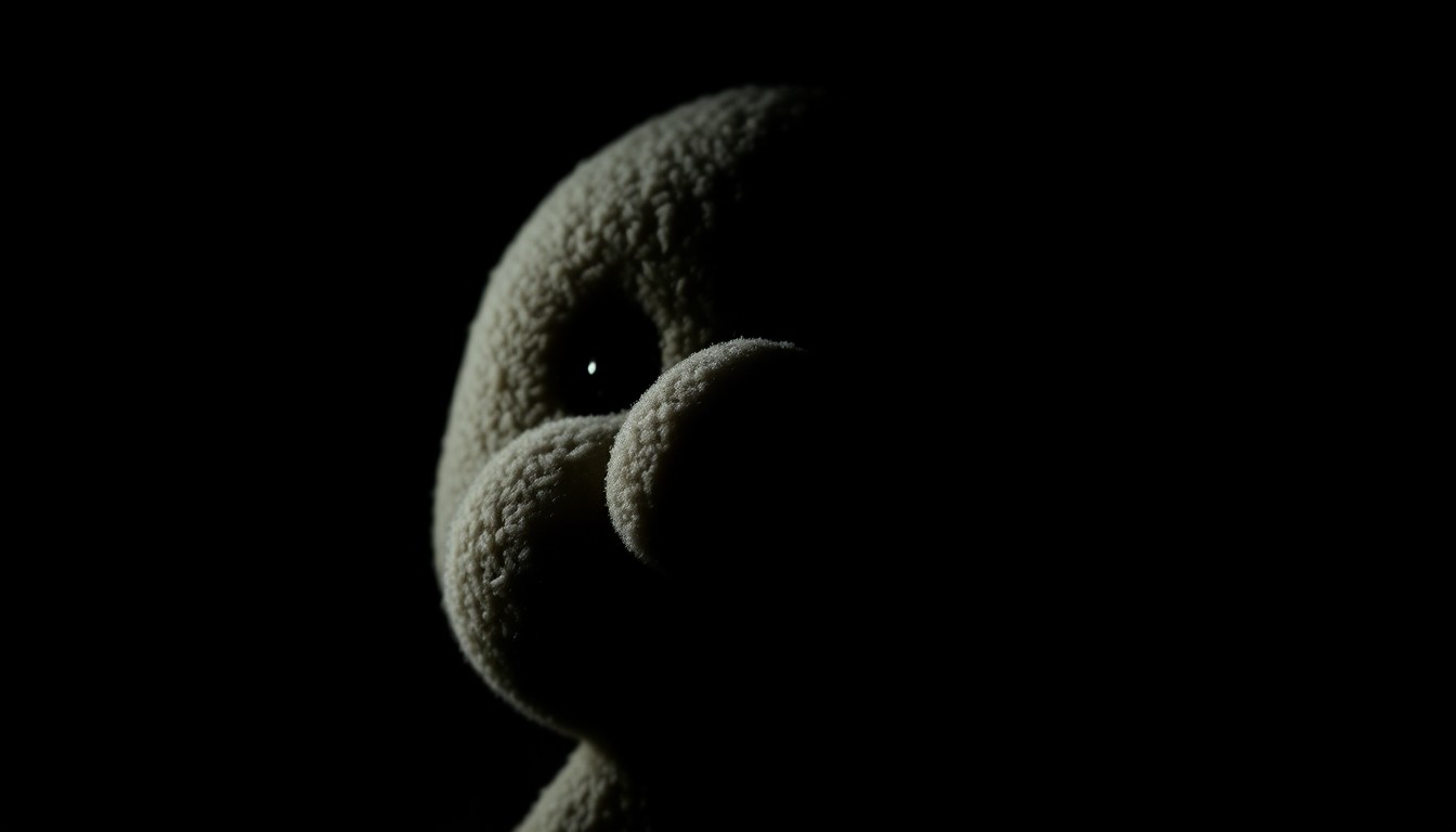 An extreme close-up photograph of a child's stuffed animal, its fabric and features dramatically lit by a harsh, direct camera flash against a pitch-black background, conveying a sense of gritty investigation and unease.