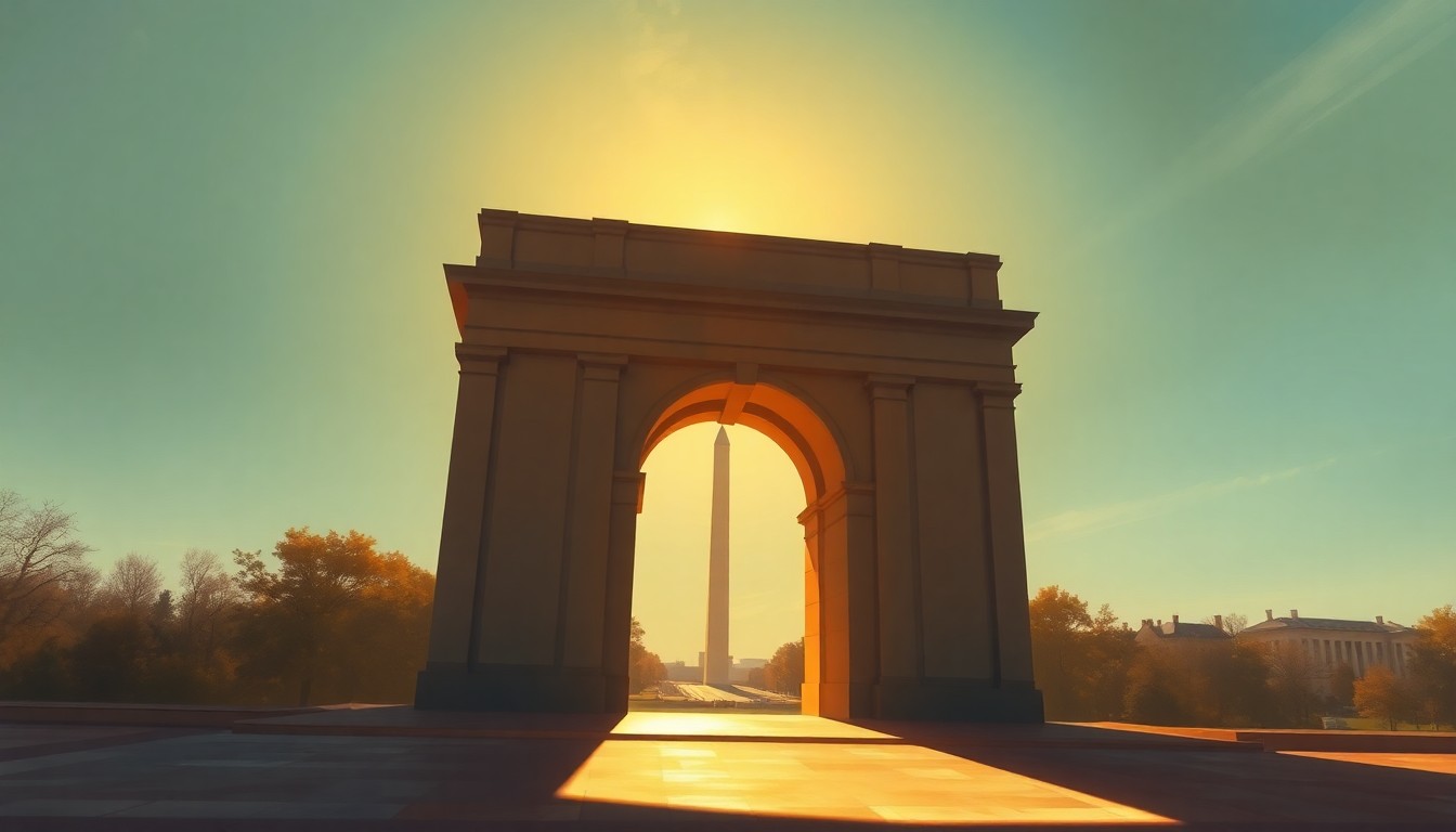 A cinematic oil painting depicting a massive triumphal arch in the foreground, with the Washington Monument and other iconic D.C. landmarks visible in the background, all bathed in warm, golden light and deep shadows, conceptually illustrating the controversial arch's imposing presence in the nation's capital.