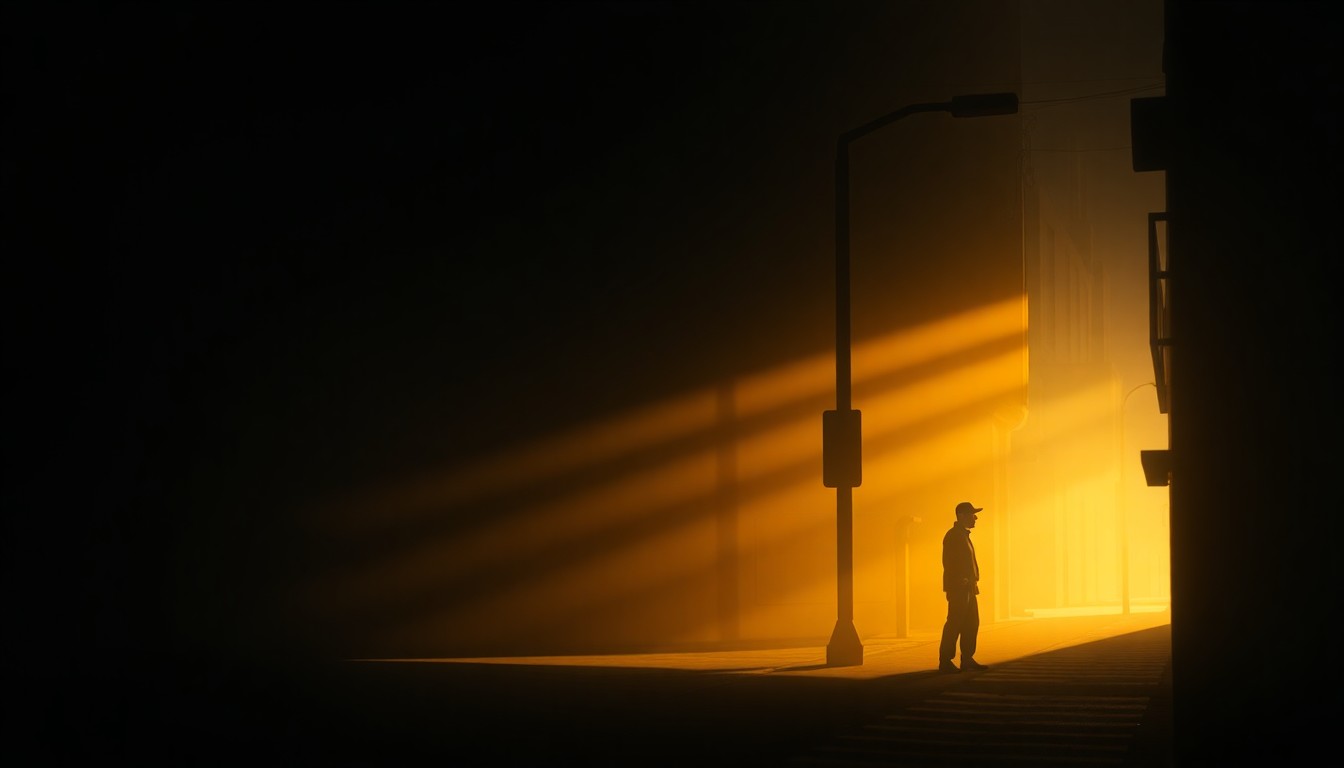 A dimly lit street corner in an Algerian city, with a lone figure in the distance representing a journalist. The scene is bathed in warm, diagonal sunlight and deep shadows, conveying a sense of isolation and unease.