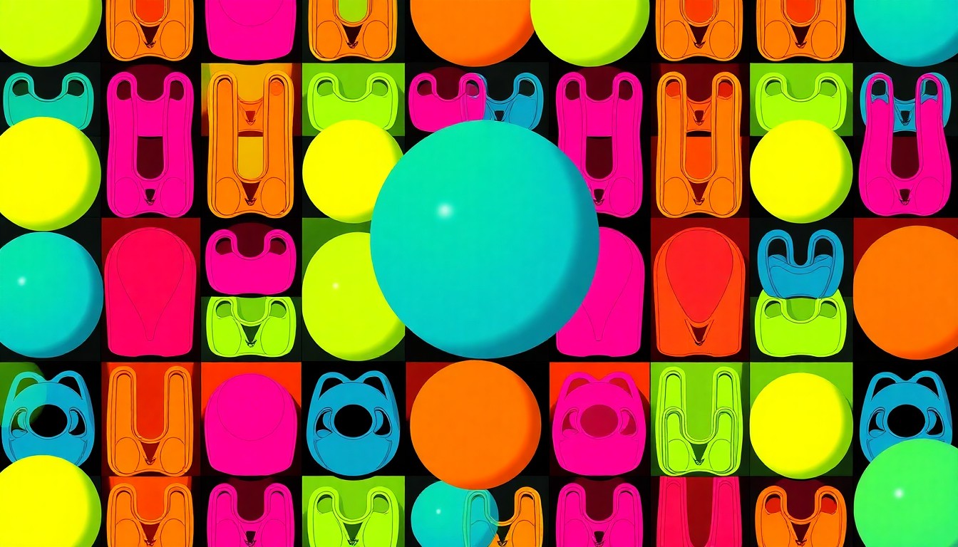 A brightly colored, high-contrast silkscreen print of a PVOLVE resistance band repeated in a tight grid pattern, utilizing vibrant neon colors and heavy black outlines in the style of Andy Warhol's pop art.