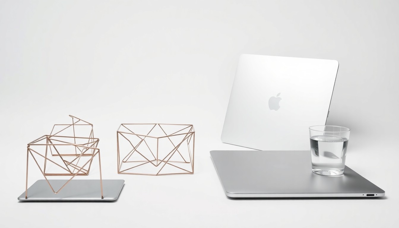 A minimalist, high-contrast studio photograph featuring a polished metal desk organizer, a sleek laptop, and a glass of water on a clean white background, representing the tools and environment of a modern startup or small business.