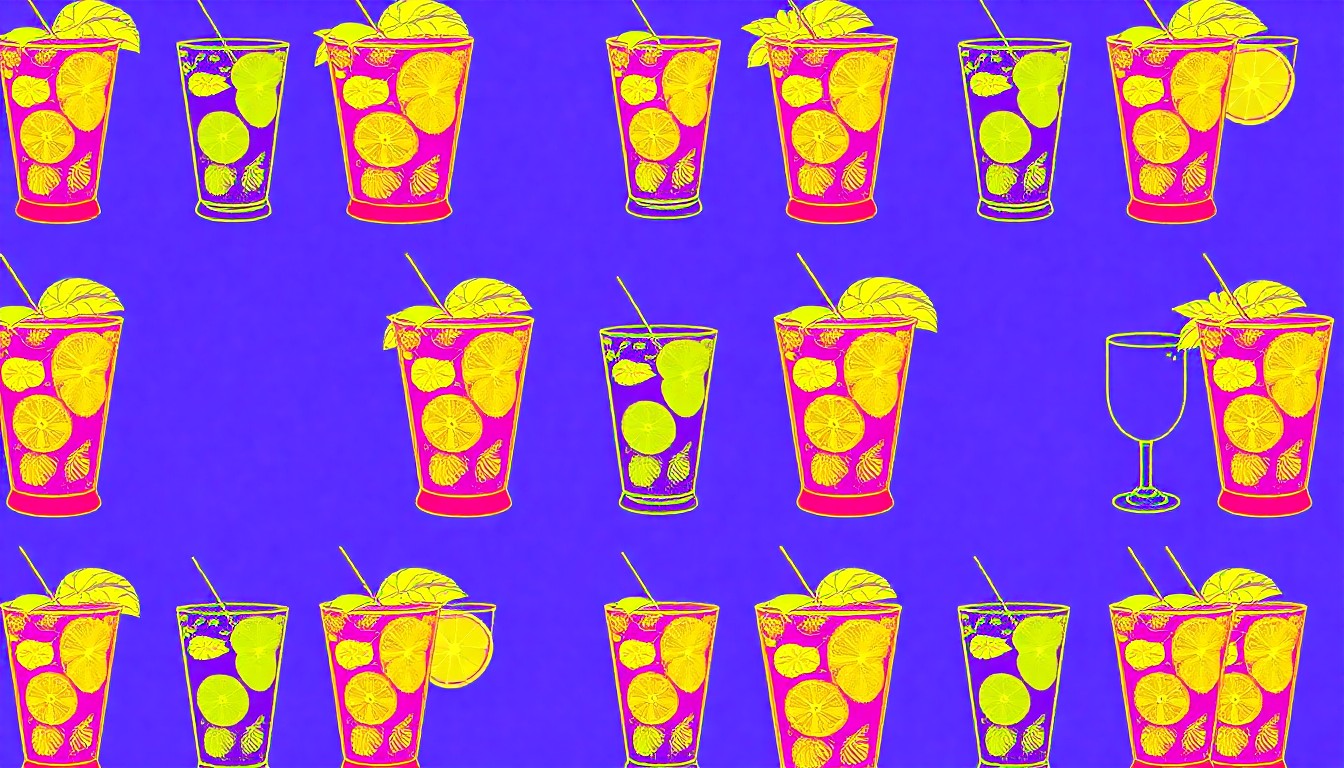 A bold, abstract grid of brightly colored silkscreen images depicting a single summer cocktail, conceptually representing the lively atmosphere and seasonal offerings at a Cleveland restaurant.