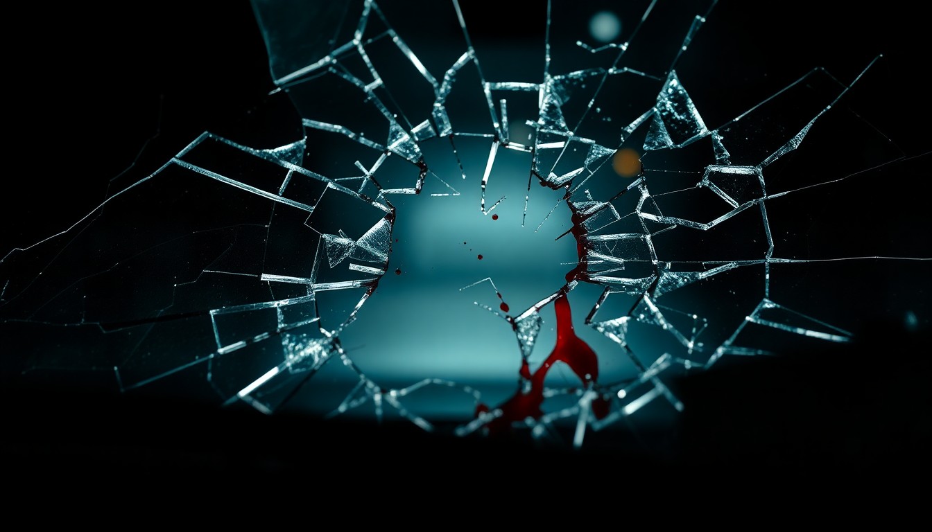 An extreme close-up photograph of a shattered car windshield, the glass cracked and splintered, with a faint drop of blood visible, conceptually illustrating the violence of a vehicular homicide.
