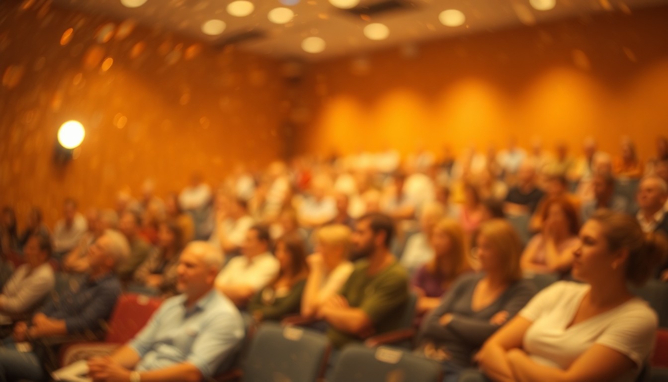 An abstract, out-of-focus image depicting a blurred scene of people gathered in a lecture hall, with warm, soft pools of light and color creating a dreamlike, atmospheric quality.
